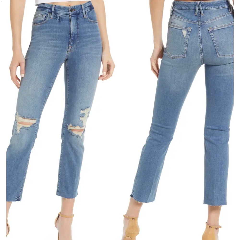 GOOD AMERICAN Good High Waist Straight Ankle Jeans Distressed Raw Hem Size 4/27